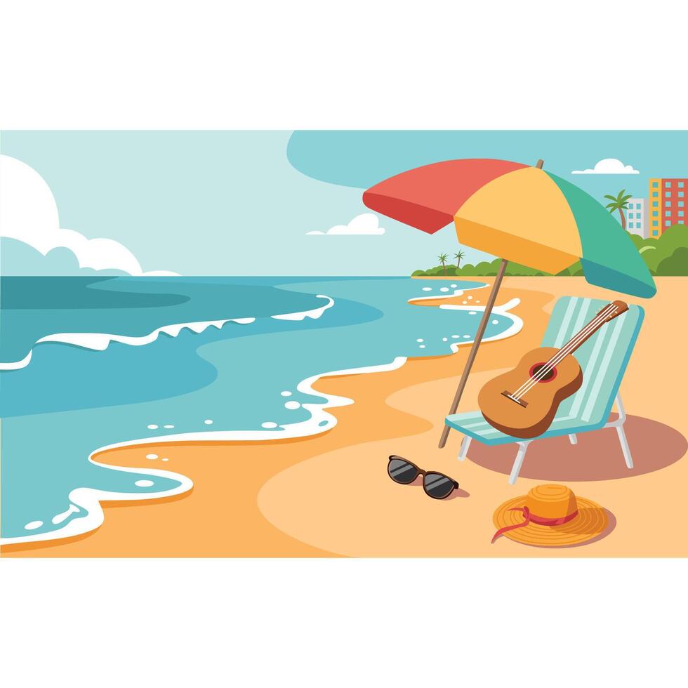 Summer tropical island sea beach natural scenery view with relaxing chair palm trees vector
