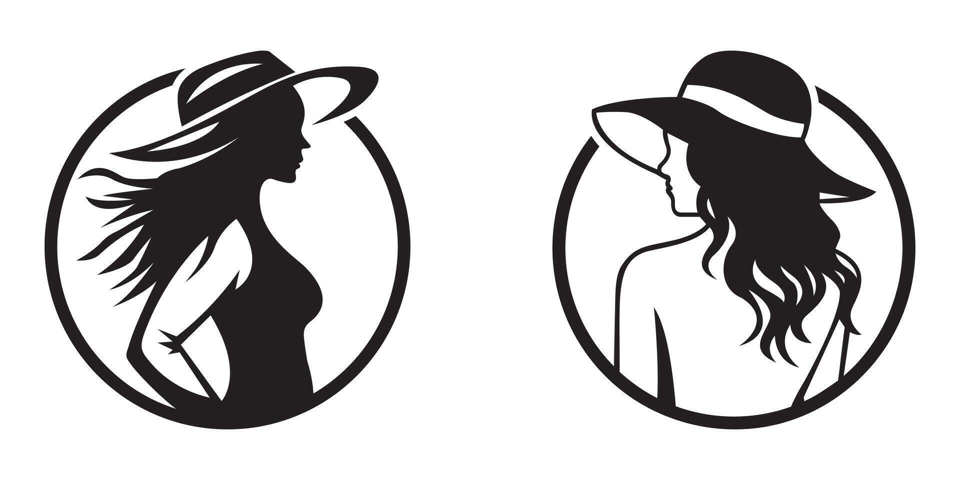 set of female silhouettes with hats and wavy hair vector