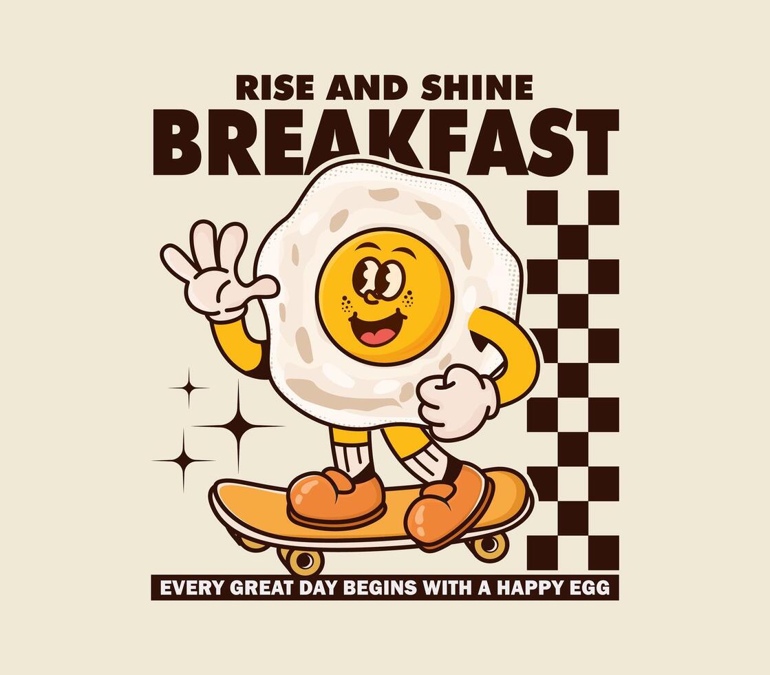 breakfast slogan with retro fried egg cartoon character playing skateboard for t shirt, poster, sticker and more vector