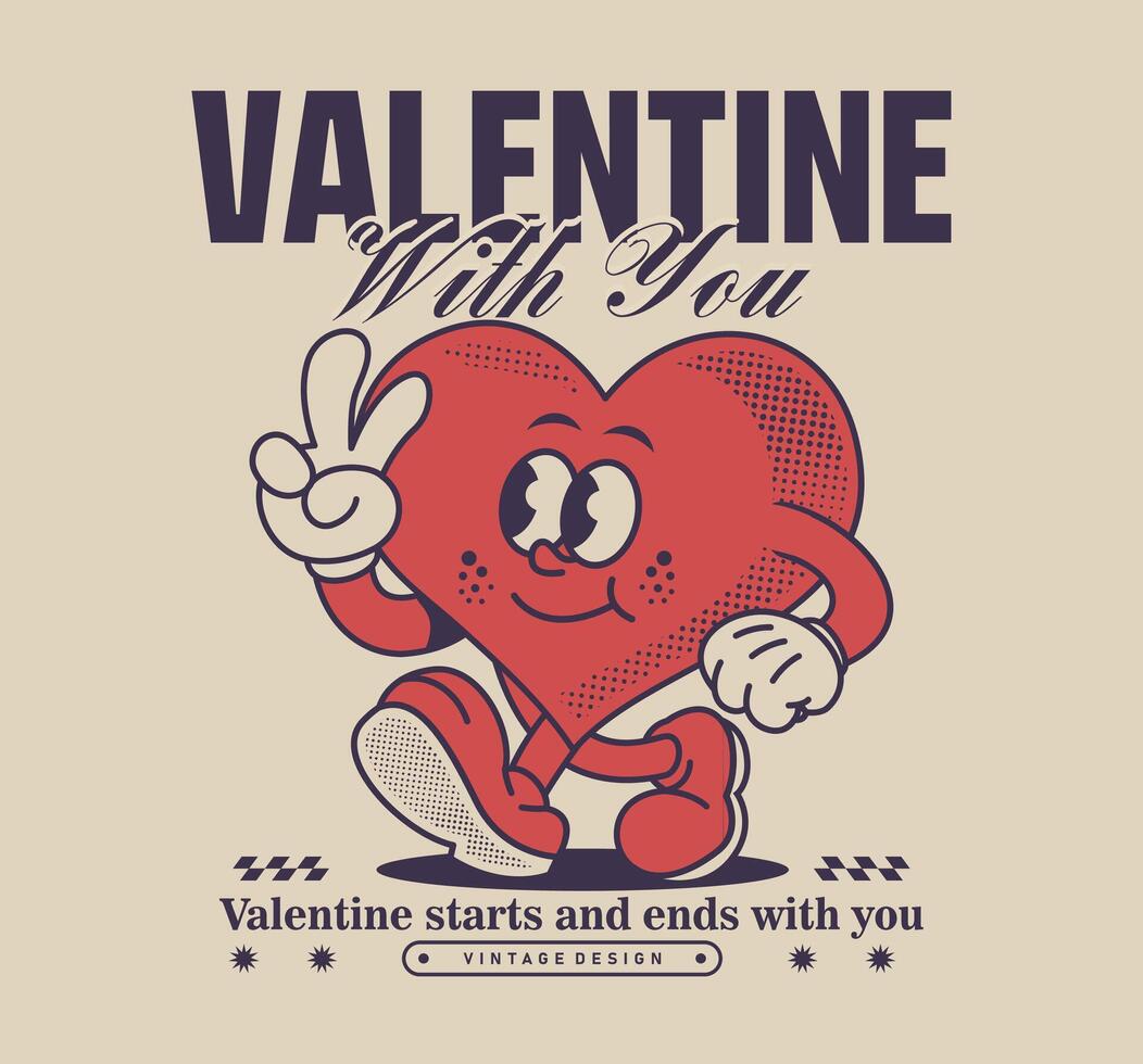 Cute retro heart cartoon character with a peace sign. Fun, playful, and colorful design perfect for t-shirt prints, posters, stickers, and merchandise vector