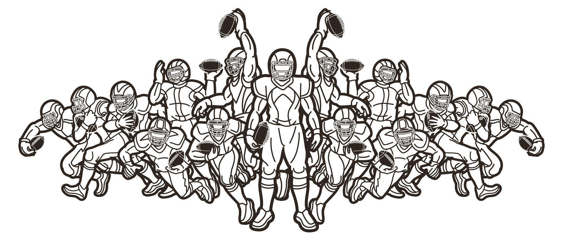 Group of American Football Team Cartoon Sport Mix Action Outline vector