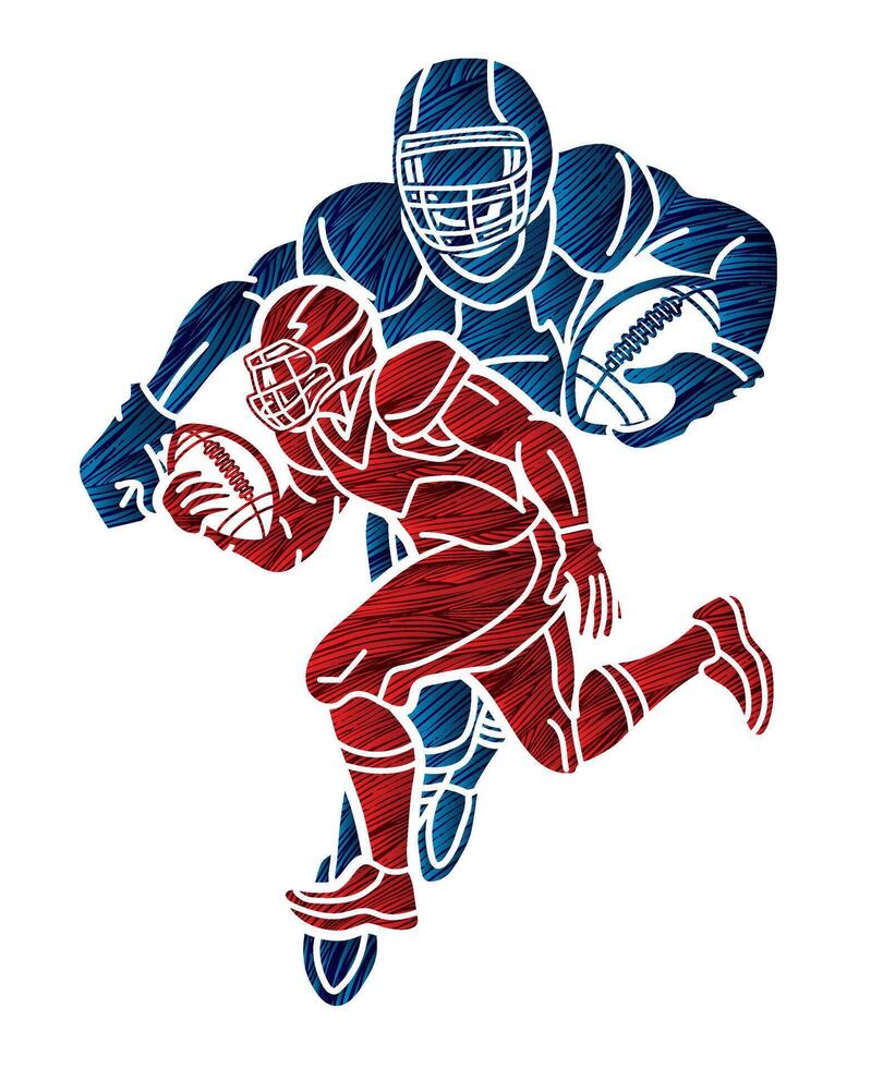 Group of American Football Sport Players Mix Action Jumping and Running Cartoon Graphic vector
