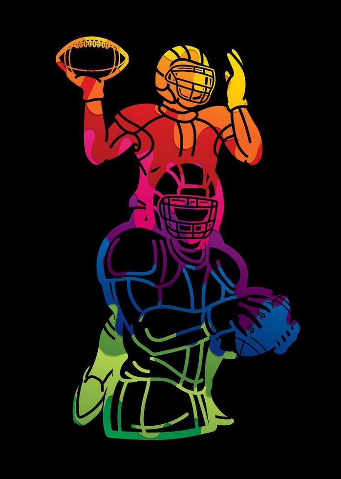 American Football Sport Players Mix Action Cartoon Colorful Graphic vector