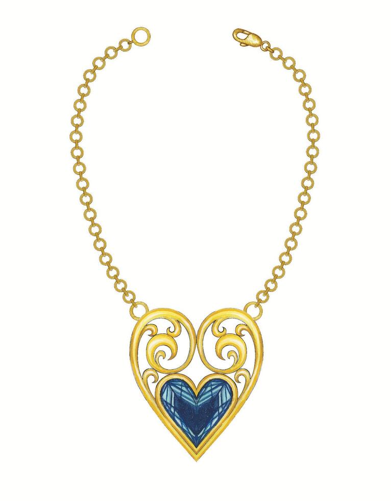 Vintage art heart gold necklace set with blue sapphire design by hand drawing and make graphic . vector