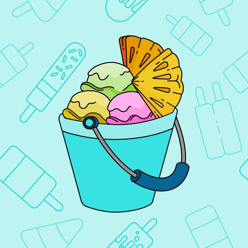 Neapolitan Ice Cream with Fresh Pineapple Served in Buckets, a Fun and Refreshing Summer Beach Dessert Perfect for Warm Weather Celebrations by the Ocean vector