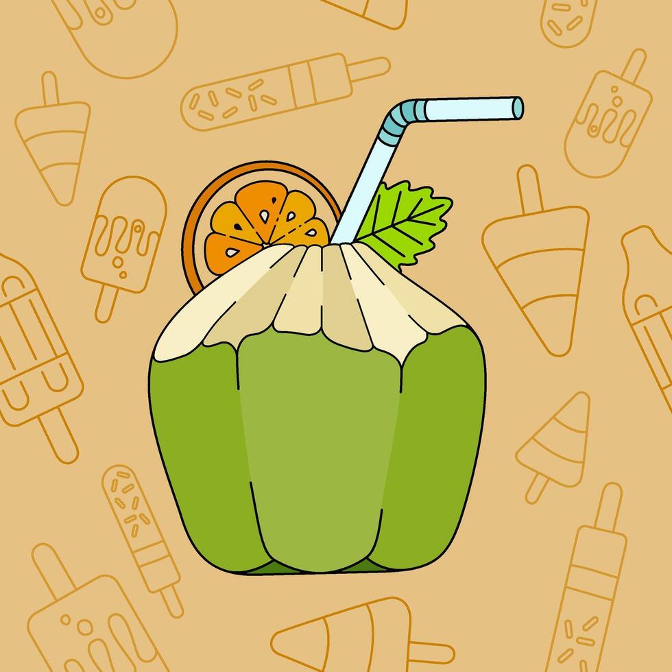 Young Green Coconut Water Infused with Sour Citrus Orange and Fresh Mint Leaves, Offering a Refreshing Summer Drink for Enjoying Your Beach Holiday in Paradise vector