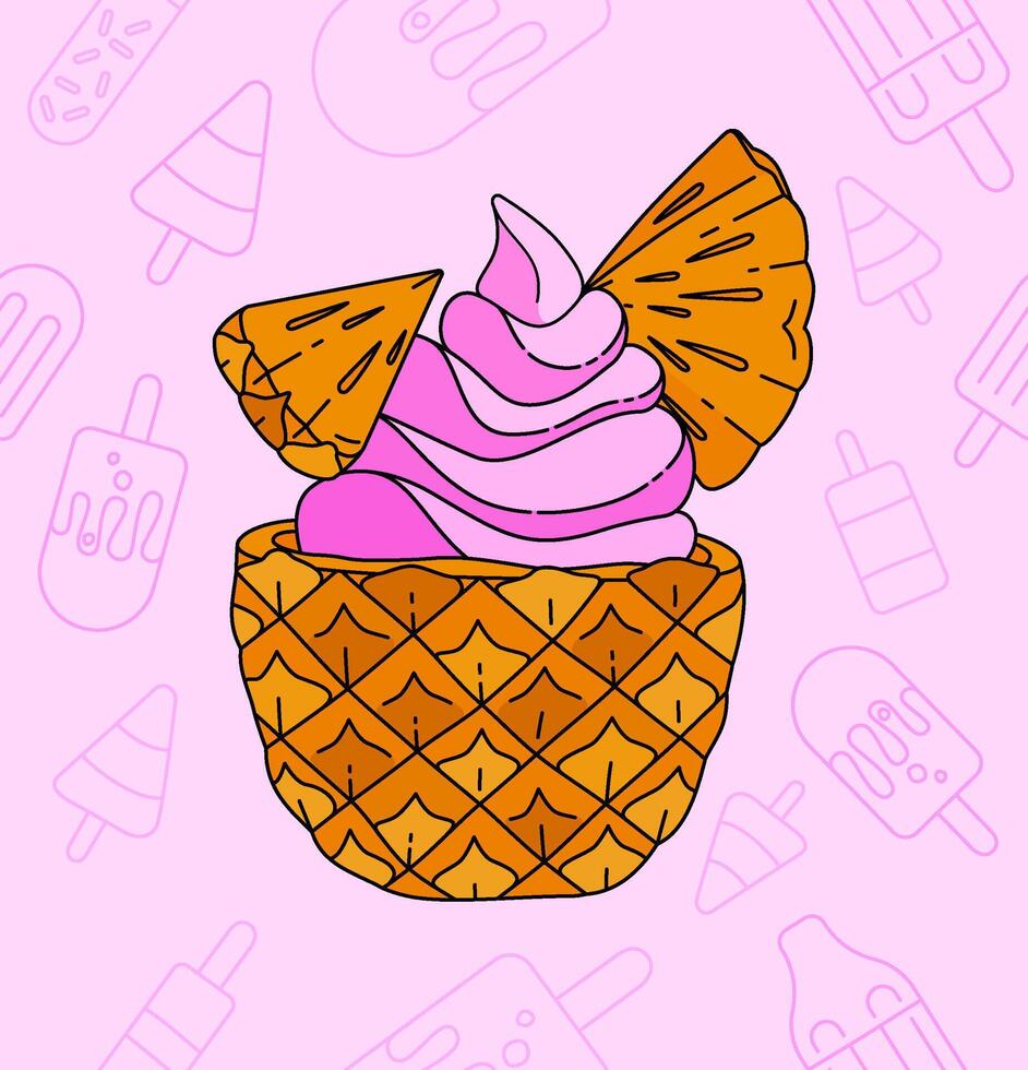Pink Strawberry Ice Cream with Fresh Orange Pineapple Pieces, Creating a Sweet and Refreshing Summer Beach Experience for Enjoying the Sun and the Waves vector