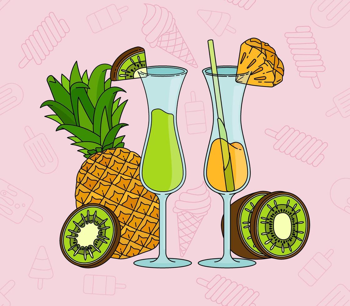 Fresh Green Kiwi and Orange Pineapple Cocktail with a Fruit Topping to Enjoy on the Beach in Summer, Offering a Perfectly Sweet and Tart Tropical Drink Experience vector