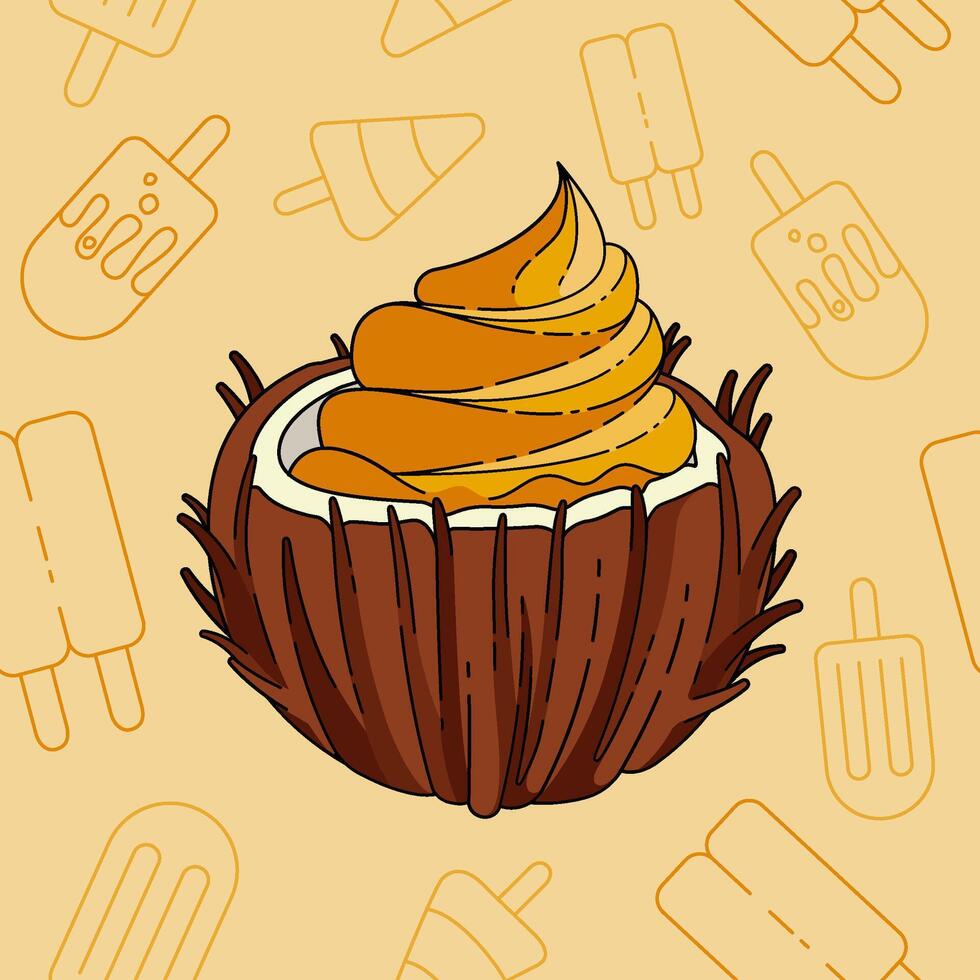 Orange Citrus Coconut Ice Cream Served in a Fresh Coconut Shell for a Truly Tropical Summer Beach Treat, Offering a Cool and Delicious Bite by the Ocean vector