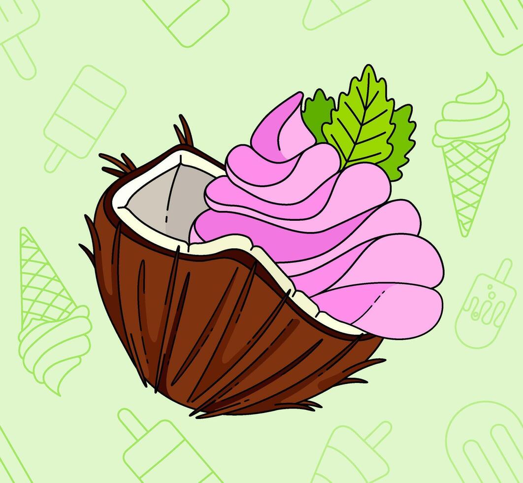 Pink Coco Pandan Strawberry Flavored Ice Cream Served with Mint Leaves and a Whole Coconut for an Indulgent Summer Beach Treat, Perfect for Enjoying the Sunshine vector