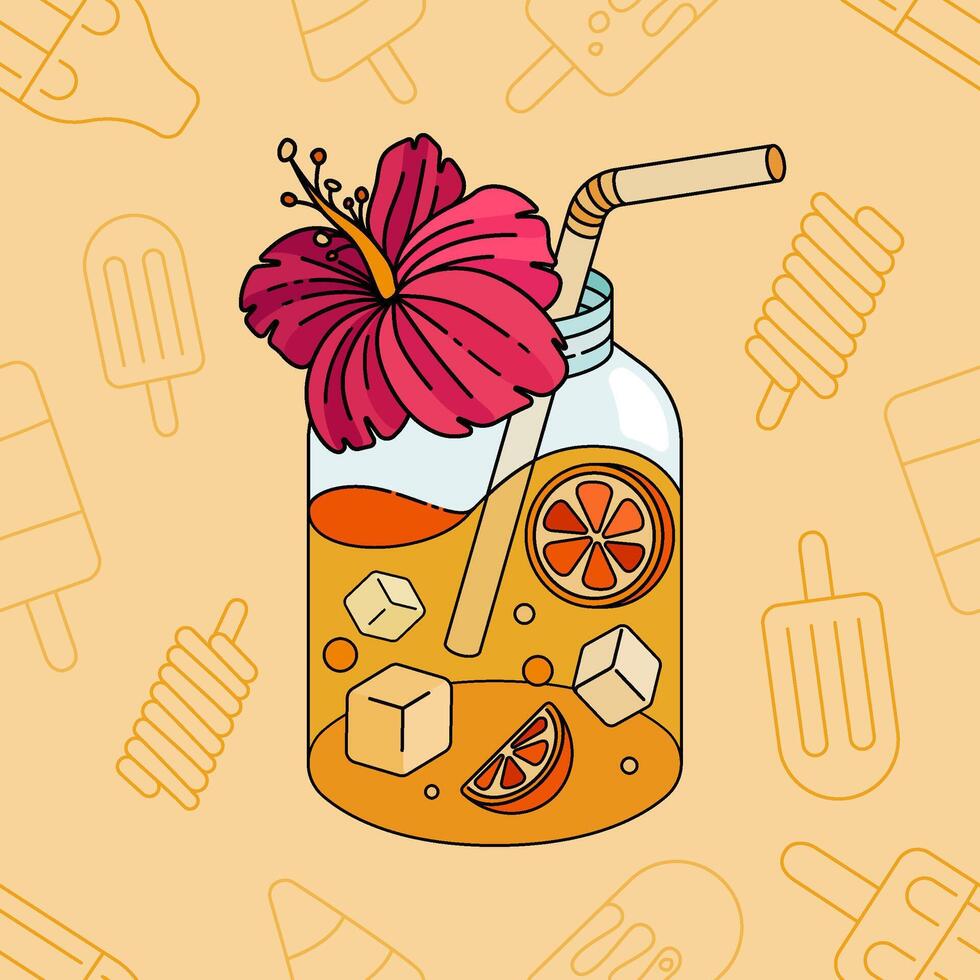 Citrus Flavored Glass Jar Drinks with Hibiscus Flowers and Straws for Refreshing Summer Beach Moments, Perfect for a Tropical Getaway and Relaxing by the Shore vector
