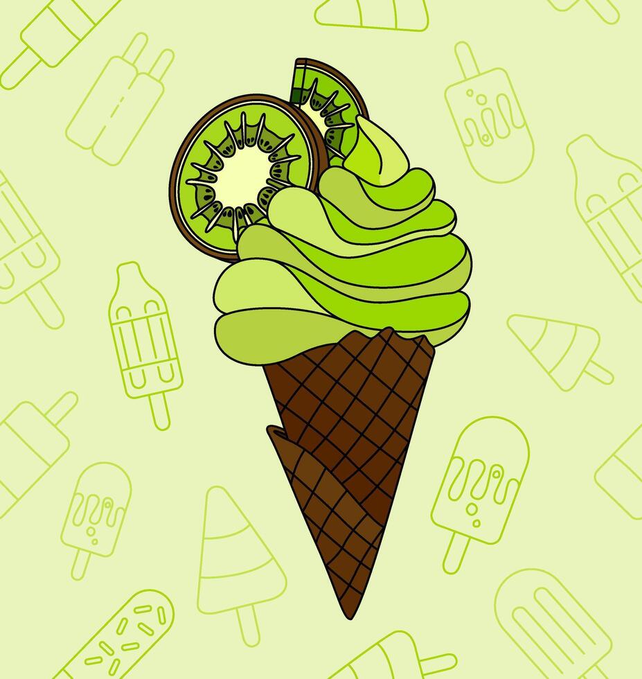 Matcha Green Ice Cream with Fresh Sour Kiwi for a Refreshing Summer Treat on the Beach, Combining Rich Green Tea Flavor and Tangy Kiwi for a Perfect Beach Dessert vector