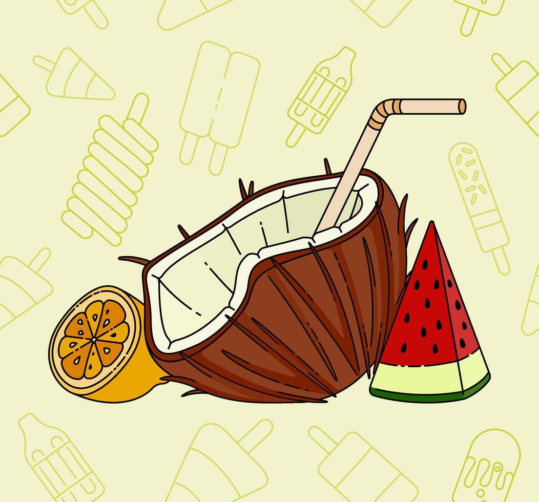 Fresh Coconut Water Infused with Citrusy Orange and Sweet Watermelon for the Ultimate Summer Beach Drink, Providing a Cool and Hydrating Experience by the Sea vector