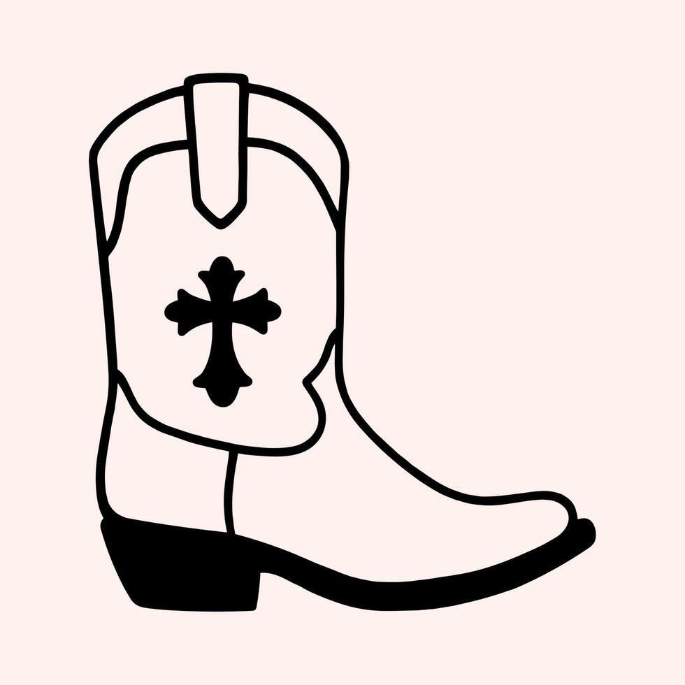 Cowgirl boot with cross christian country girl boots black ink outline drawing sketch girly chic gothic dark western cowboy theme aesthetic illustration isolated doodle vector