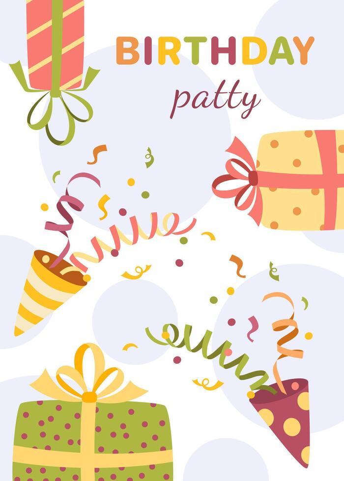 Greeting card with gifts, confetti and streamers. illustration on white background for greeting card, poster, poster. vector