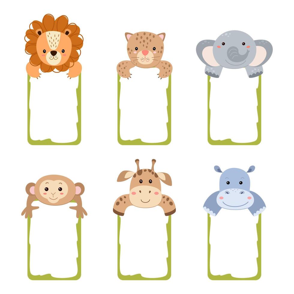 African safari animal frames set. Cartoon animals hold blank banner templates for diary, planner, notebook, memo, notes, stickers, labels. vector