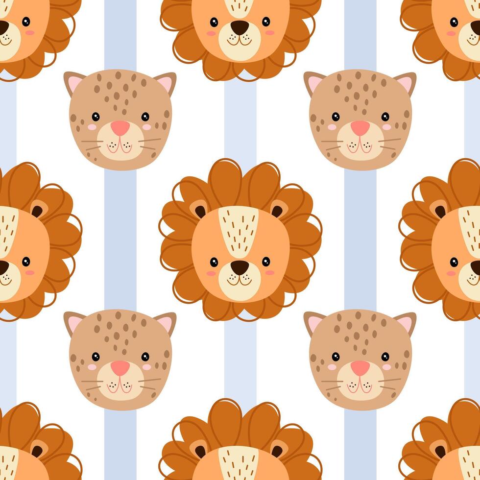 Seamless pattern cartoon safari African animal heads. Lion and cheetah. illustration. vector