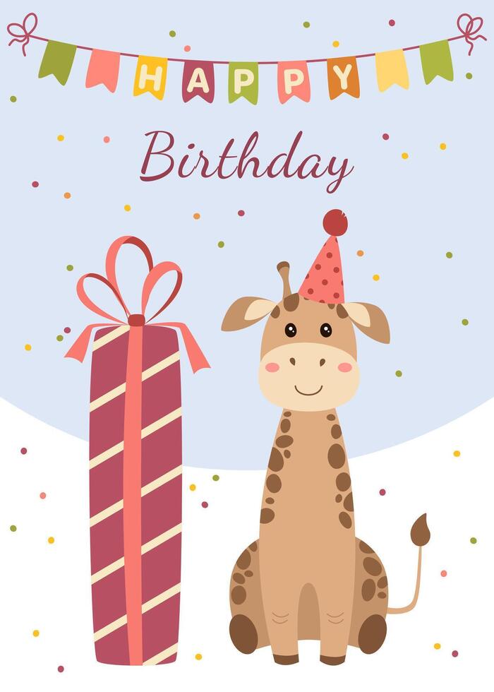 Birthday greeting card with cute giraffe, gift and confetti. illustration for greeting card, poster, holiday decoration. vector