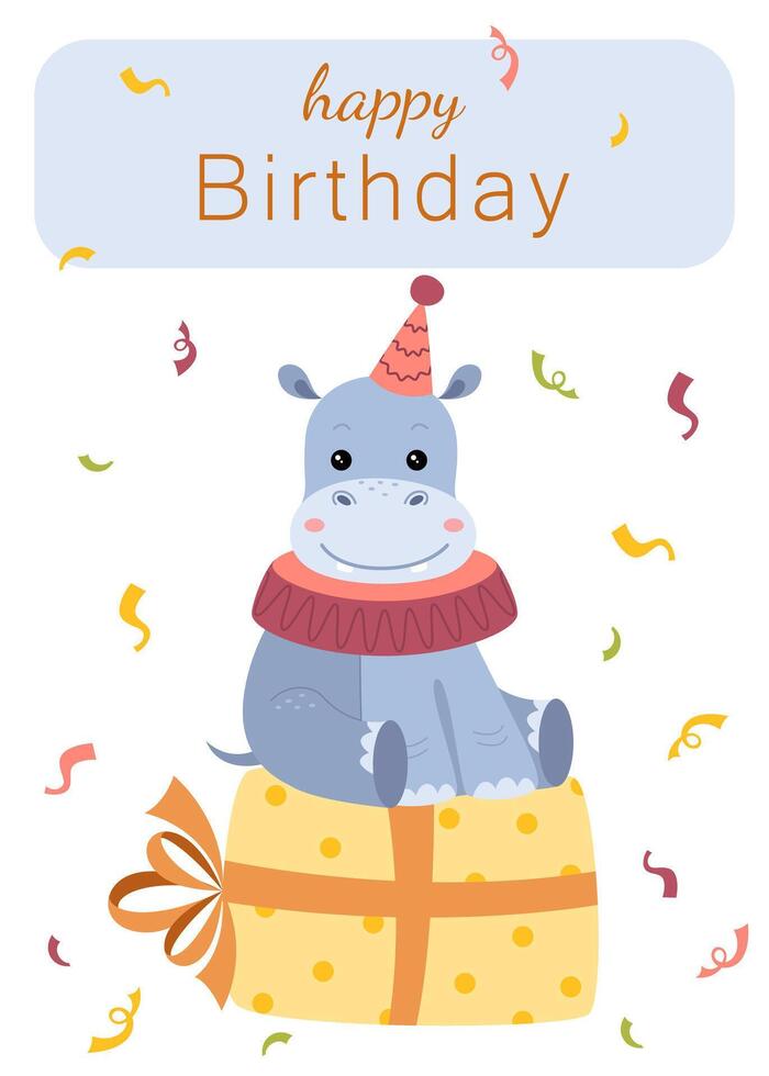 Birthday greeting card with cute hippo, gift and confetti. illustration for greeting card, poster, holiday decoration. vector
