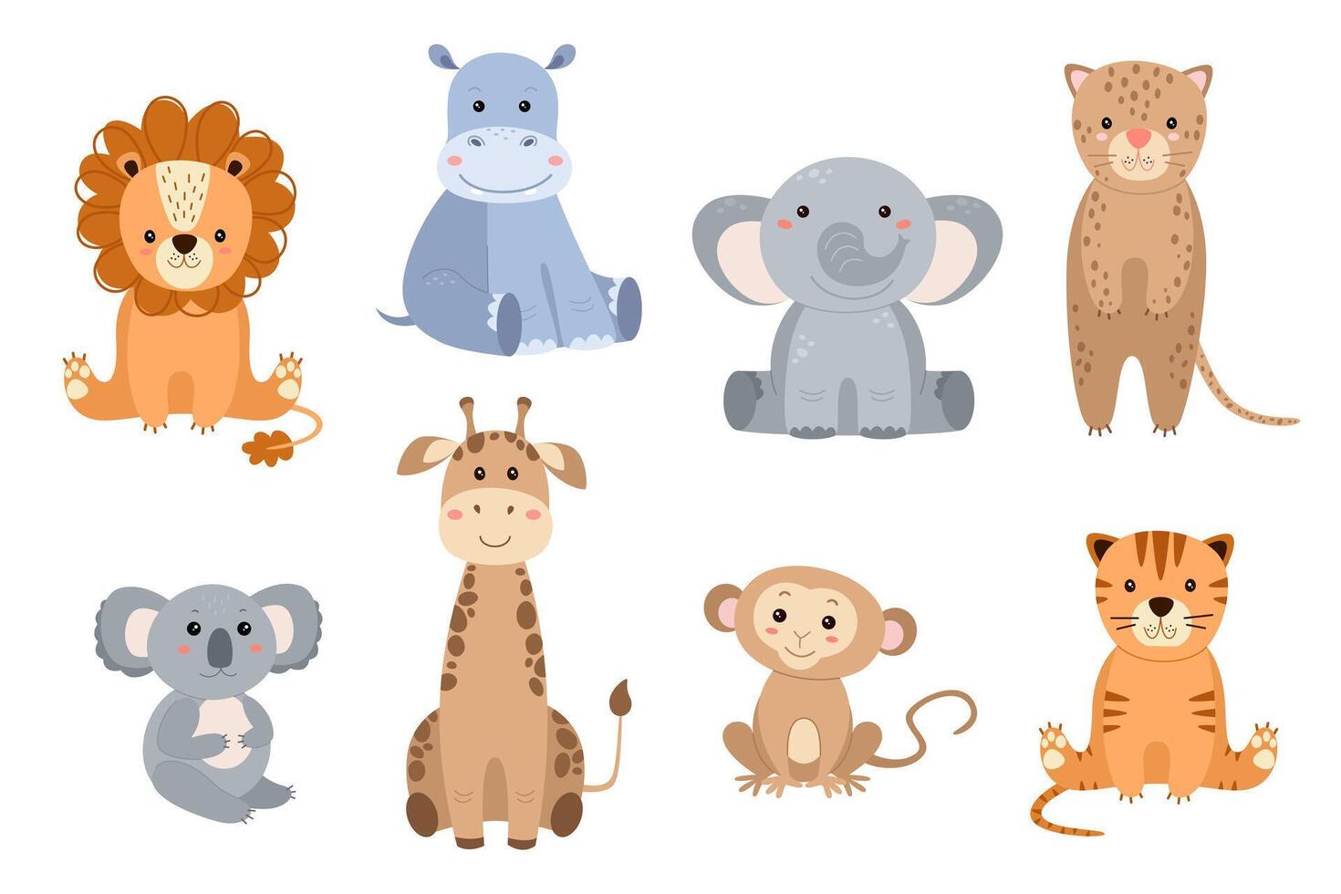 Set of African, jungle, safari animals. Lion, tiger, hippo, elephant, giraffe, cheetah, monkey, koala. Cute characters on white background. . vector