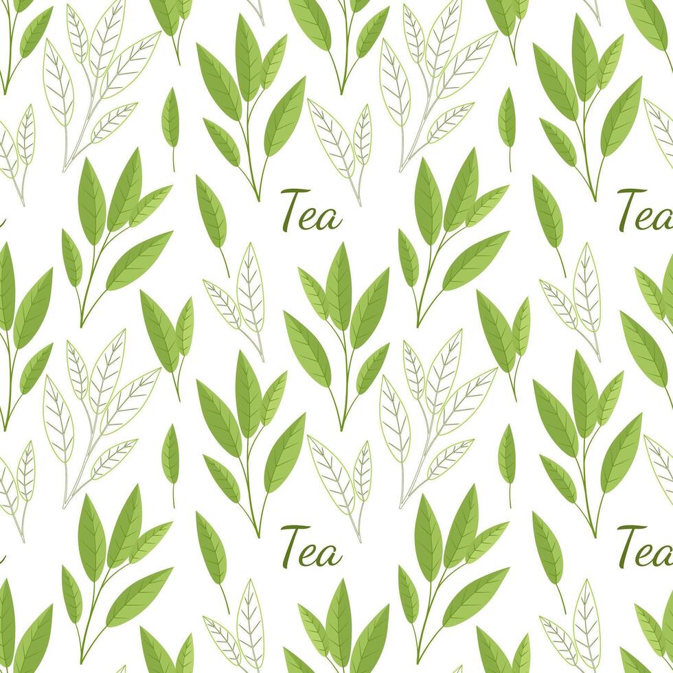Seamless pattern of tea leaves and twigs. illustration on white background. Flat style. vector