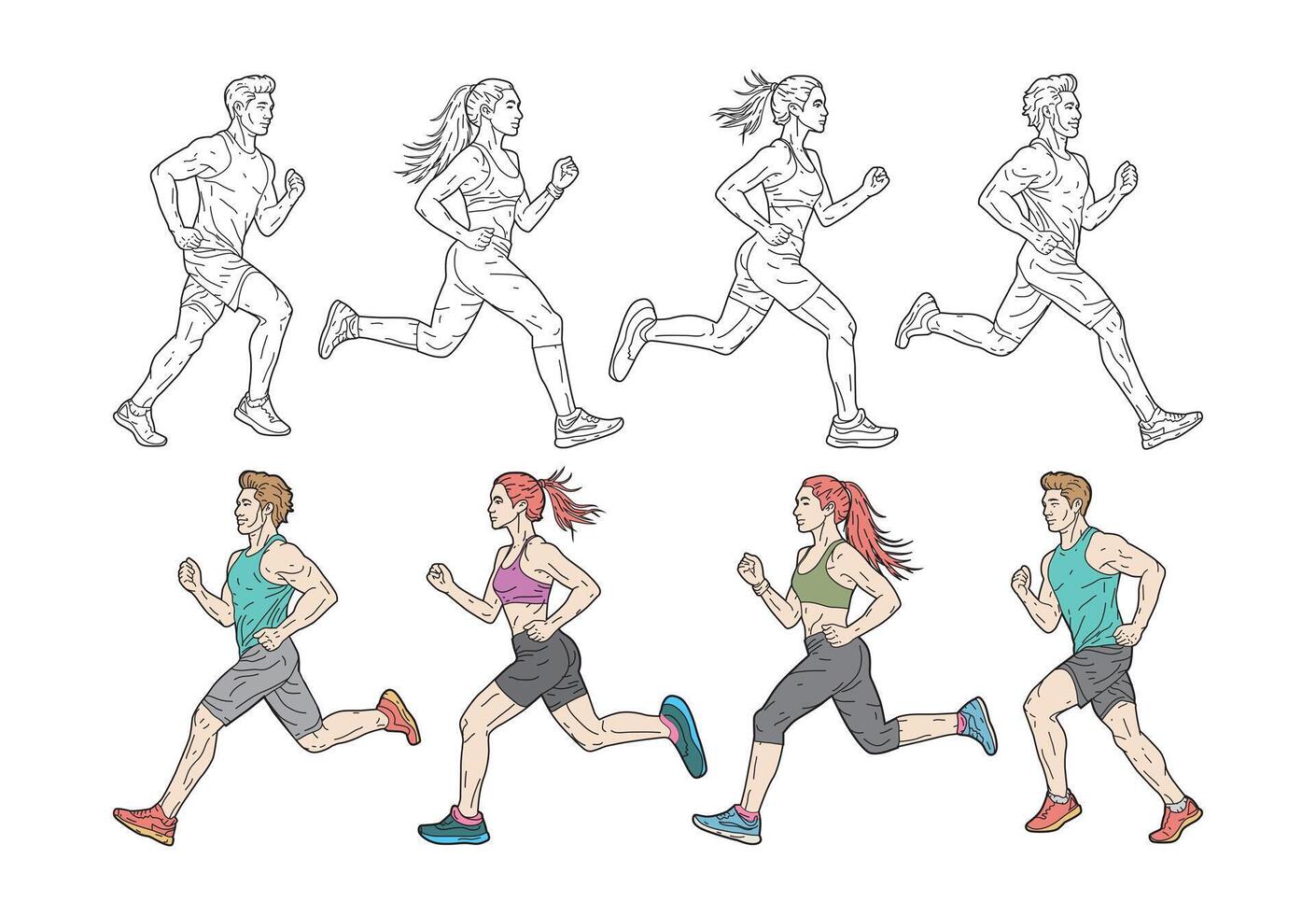 Runners in Action Line Art and Colored Illustrations vector