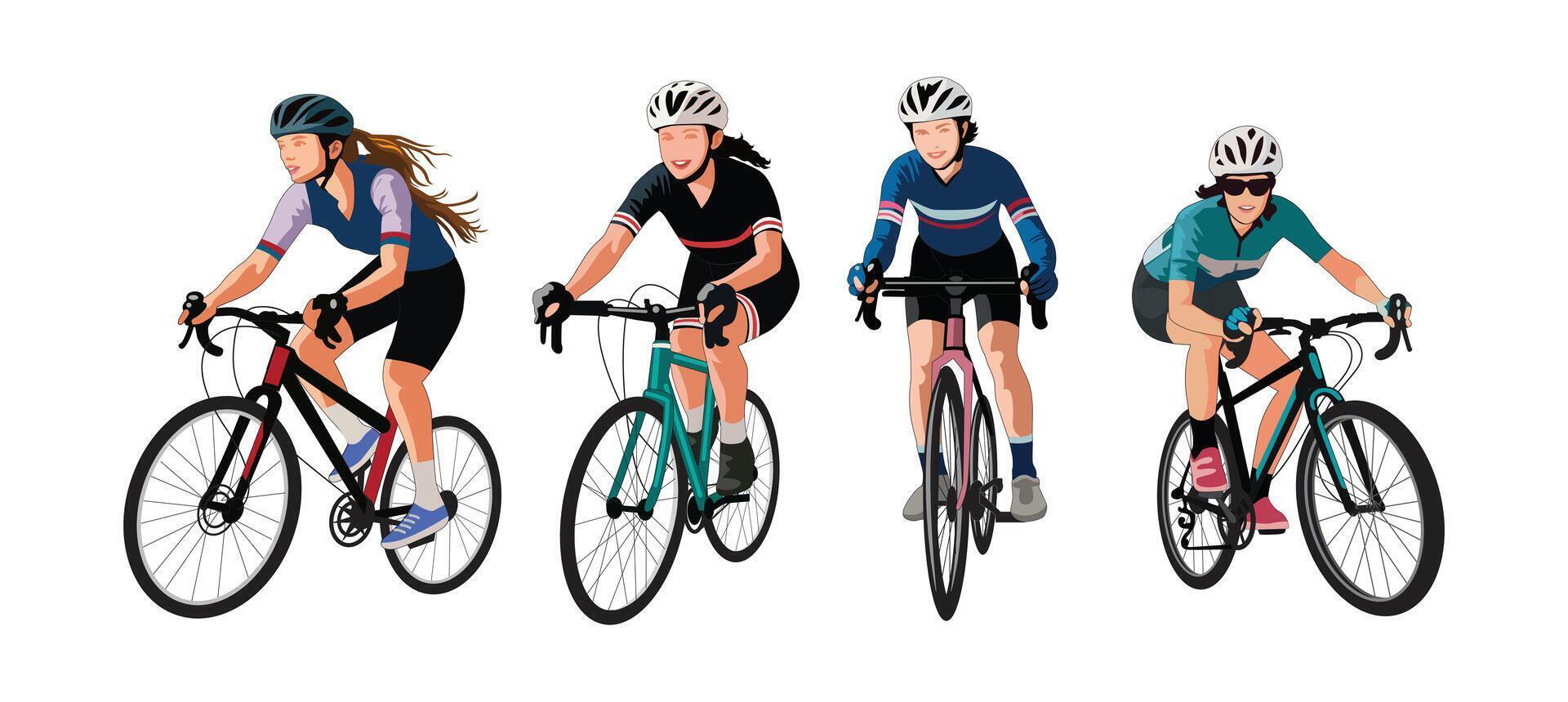 Woman Cyclists on Road Bikes Illustration, Isolated On A White Background. vector