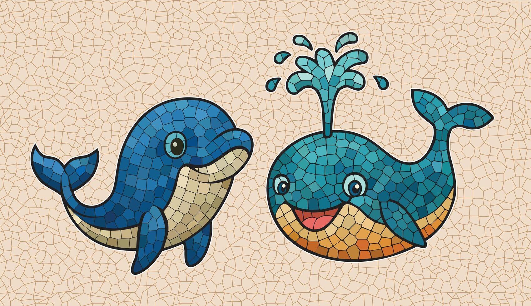 Whale Shark Aquatic Animals Mosaic Design in Blue and Brown Color. Cute Blue Dolphin and Whale Cartoon Illustration. vector