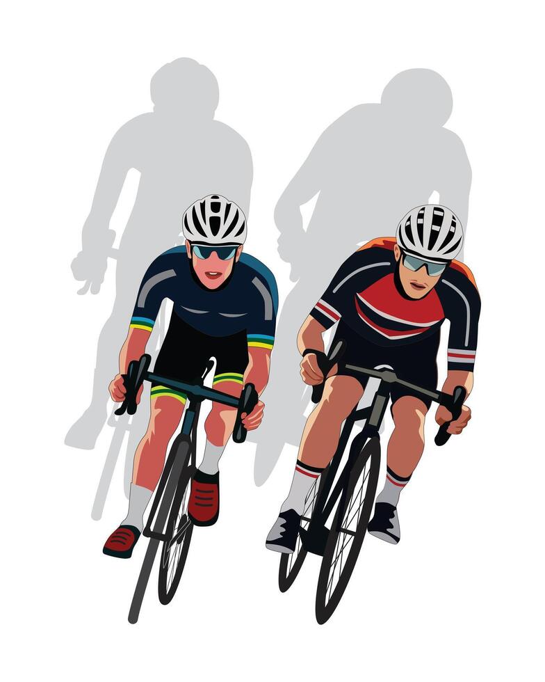 Two men riding bicycle isolated on a white background, illustration. vector