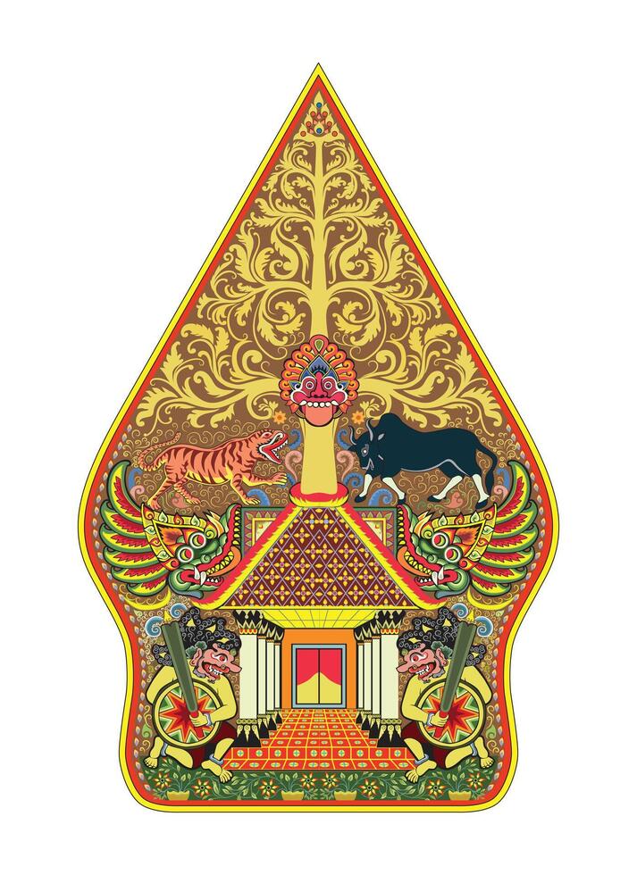 Intricate Gunungan Wayang Kulit Puppet Depicting Mythological Creatures and Symbolic Elements Illustration. vector