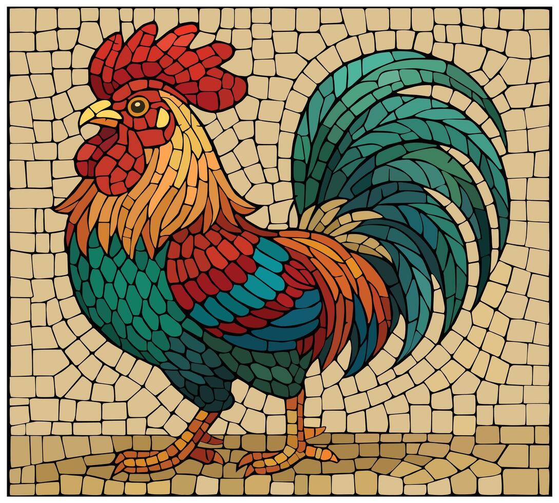 Rooster illustration in mosaic design, colorful wire frame for background design. vector