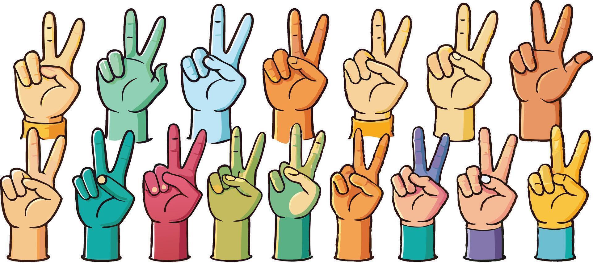 a set of many hands with peace signs vector