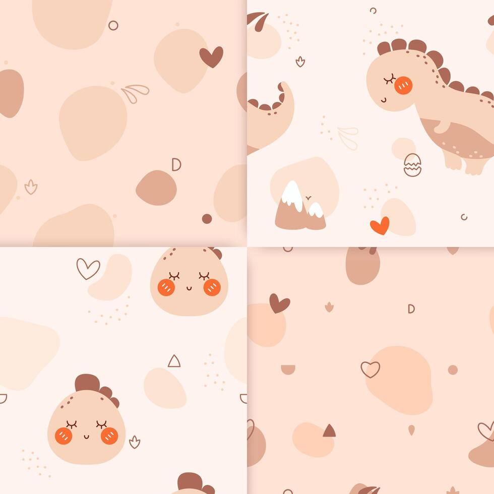 A set of four kawaii kids seamless patterns drawn in neutral pastel bohemian colors featuring dinosaurs, hearts, and color spots. vector