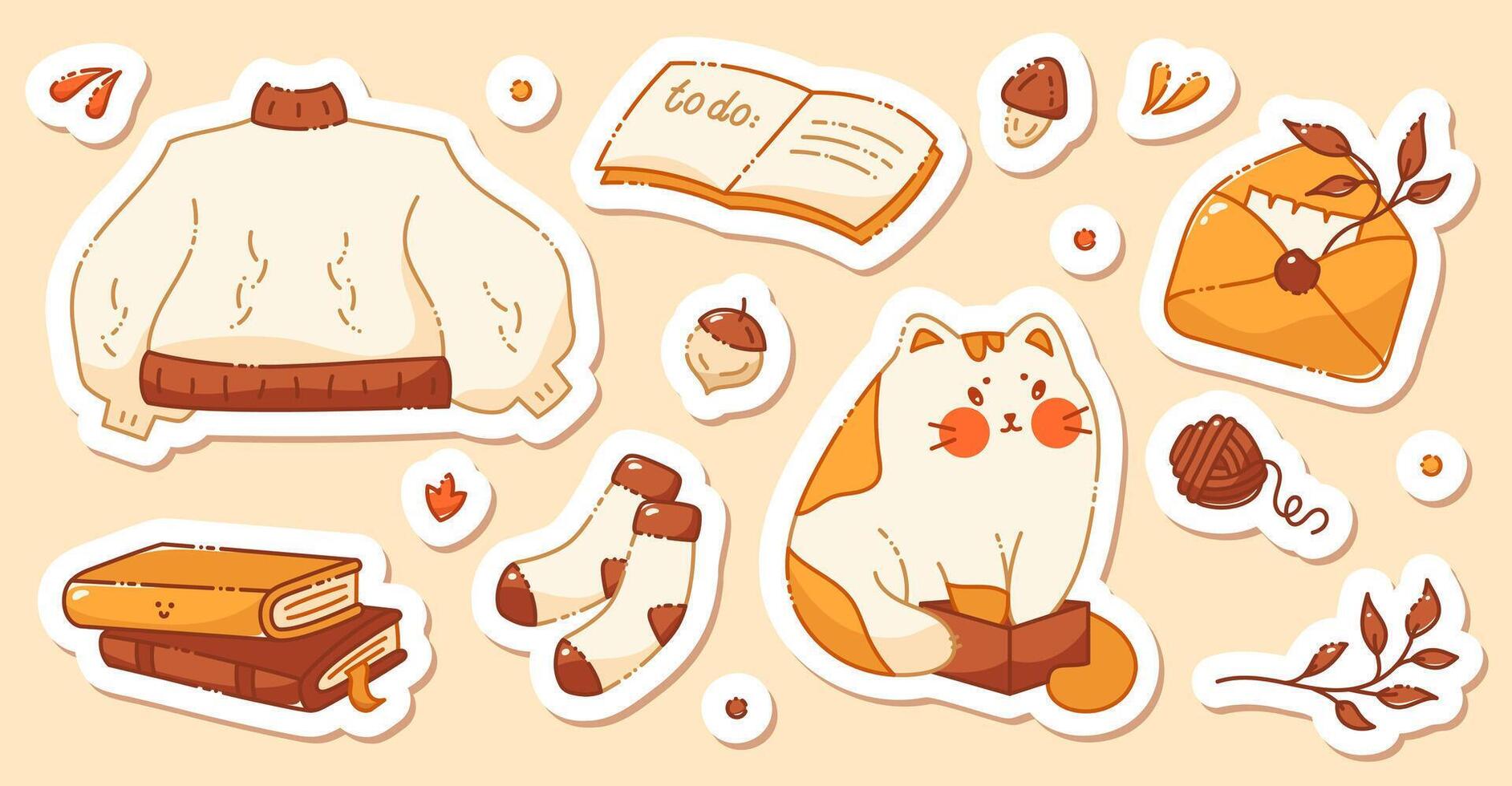 A set of glider stickers on a fall theme. Includes a cute cat, warm sweater, wool socks, peanut, books, ball of thread, envelope with an autumn sprig. vector
