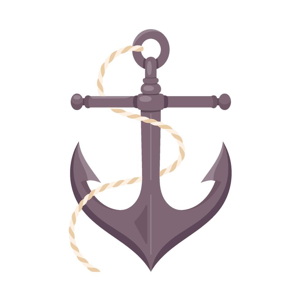 Flat illustration of nautical anchor with rope isolated. Classic marine symbol representing stability, security and adventure. Perfect for maritime designs, sailing concepts vector