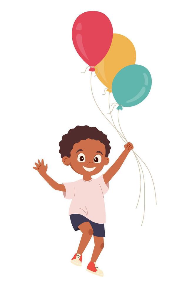 Cute dark-skinned little boy holding colorful balloons. Happy child character smiling and jumping Cartoon character design for Children's Day greeting card, flyers, invitation illustration vector