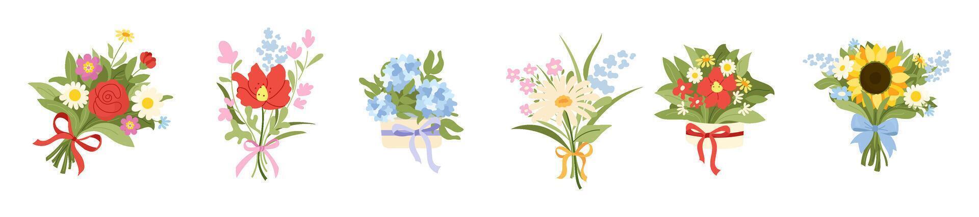 Wildflower bouquets. set of colorful floral compositions with daisies, sunflowers, poppies and meadow herbs. Decorative botanical elements for cards, packaging, eco and rustic design projects vector