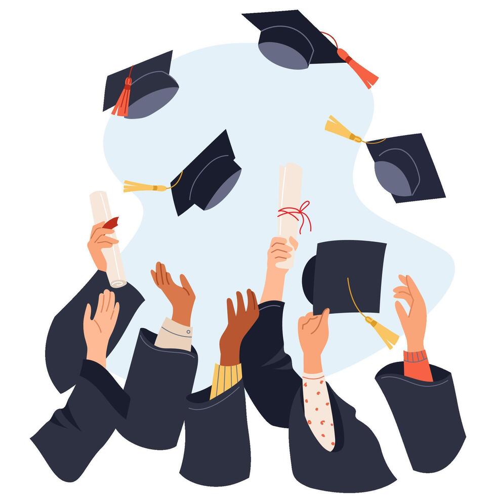 Hands in academic gowns holding diploma, throwing up graduation caps Happy moments of celebration finishing college Symbol of success, achievement design for education themed invitation, banner vector