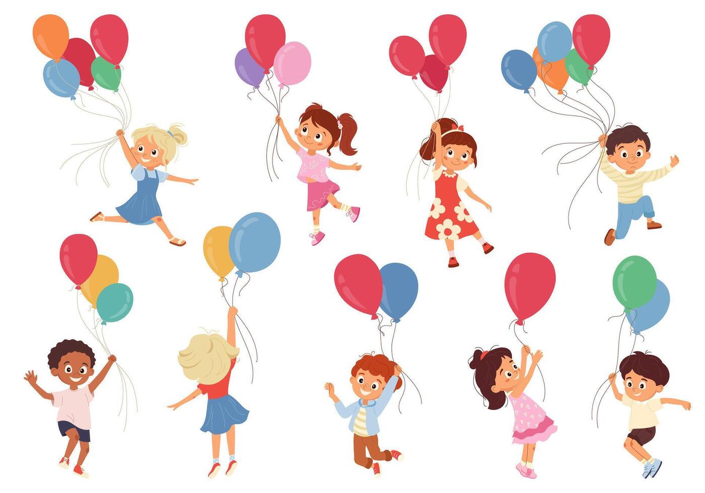 Joyful cartoon kids with colorful balloons. Smiling child characters floating on ballon. illustration for children party design, greeting cards, poster or flyer vector