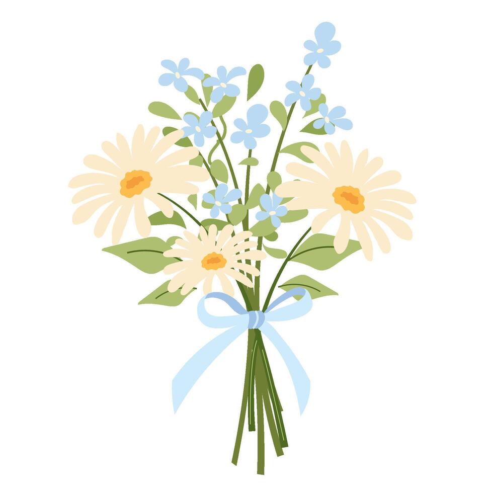 Hand drawn wildflower bouquet. pastel composition with large daisies and forget-me-nots, tied with blue ribbon. Decorative botanical element for cards, packaging, eco and rustic design projects vector