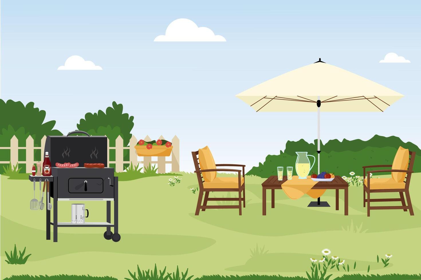Patio area flat illustration. House backyard with green grass lawn, trees and bushes. Table and chairs garden modern furniture. Outdoor furnished yard for BBQ summer parties vector