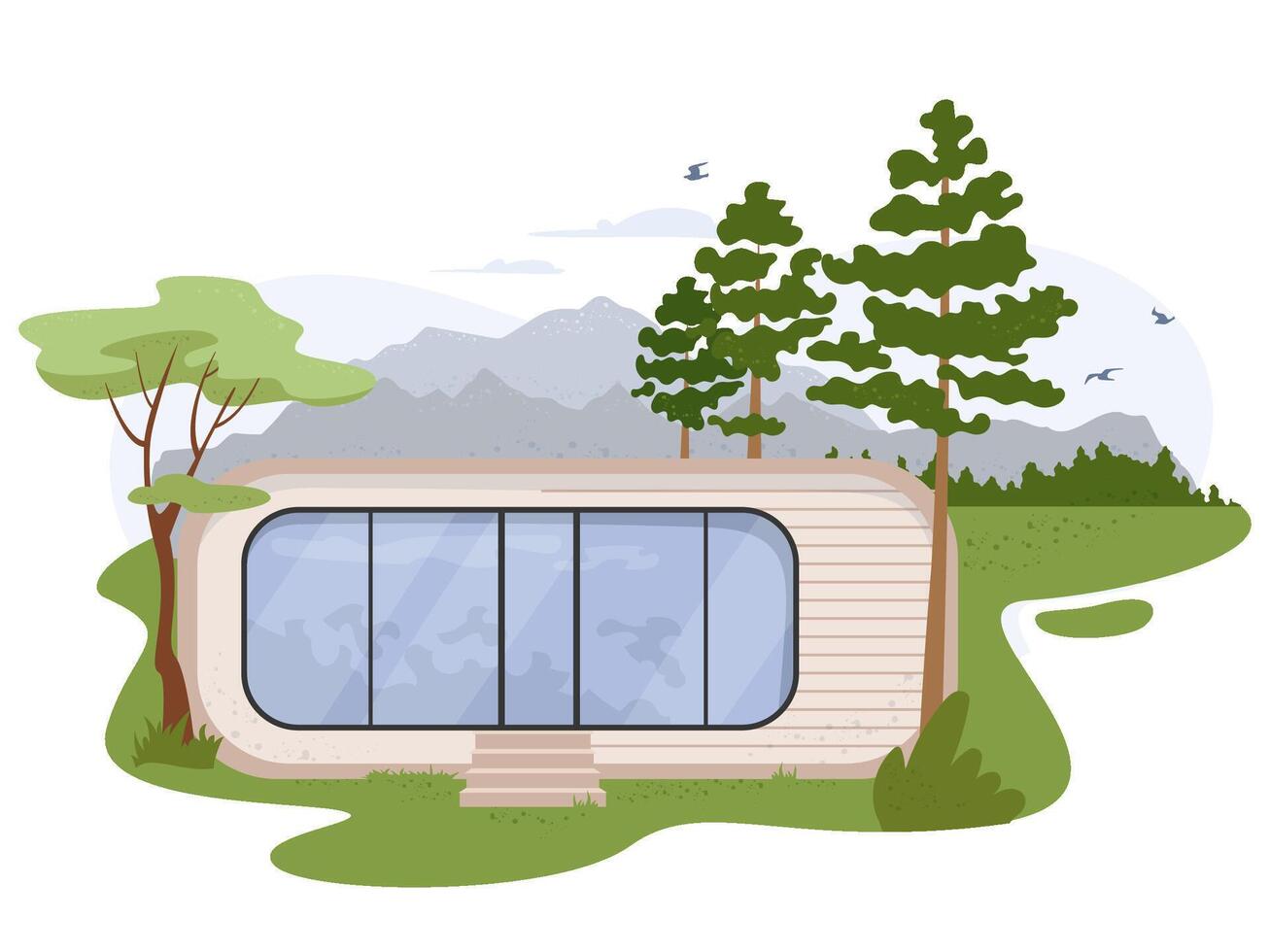 Modern glamping house with panoramic windows and wooden facade surrounded by fir trees. Whimsical modular eco-home in forest Comfortable outdoor recreation concept. Flat illustration isolated vector
