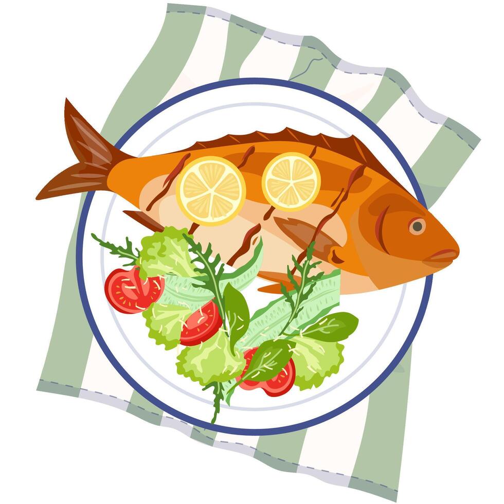 Grilled fish served with lemon slices and fresh salad. Seafood dish with greens, tomatoes and lettuce on striped napkin. illustration for summer picnic, restaurant menu, healthy food design vector