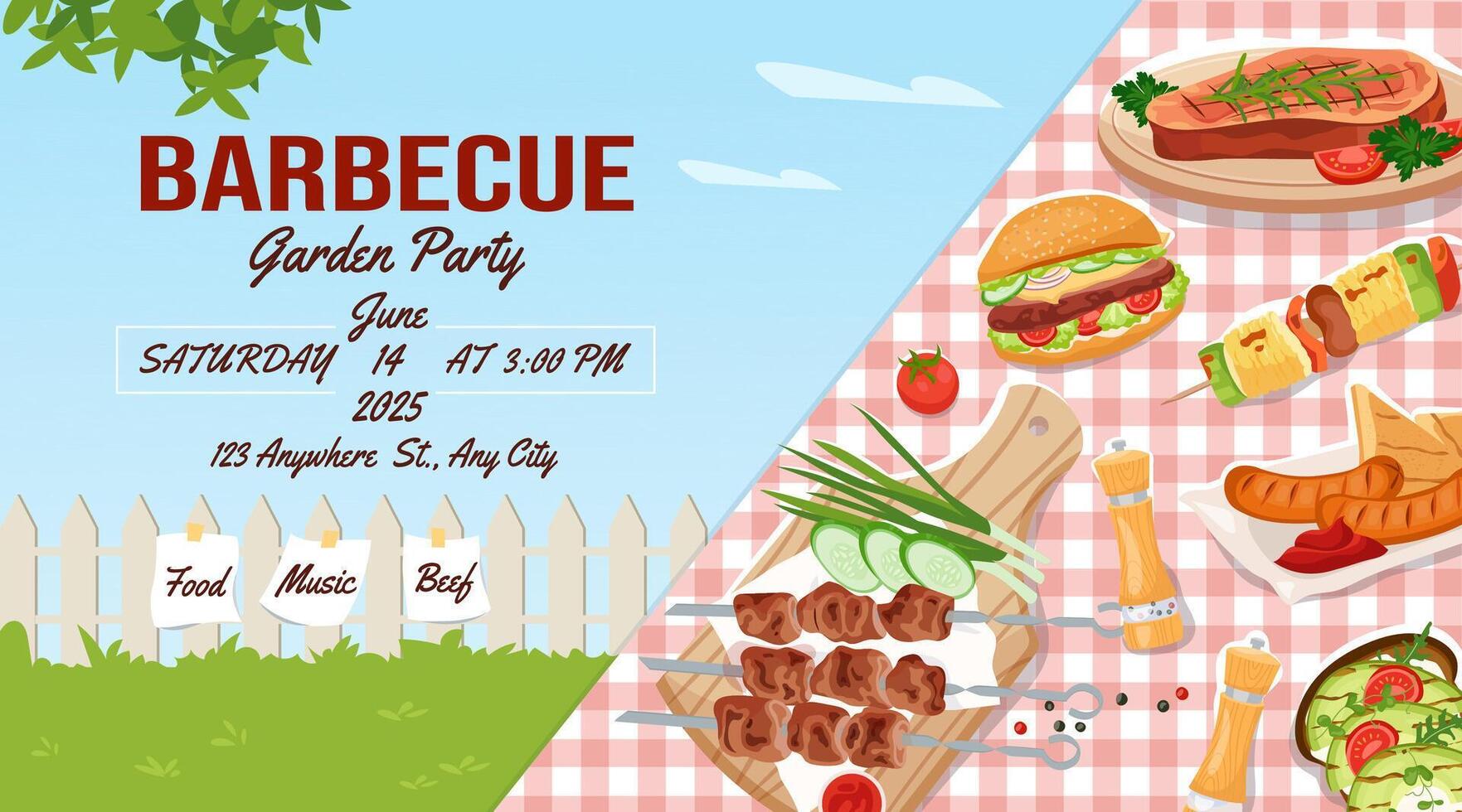 BBQ party invitation. Summer barbecue horizontal banner. Grilled meat, sausages, burger and vegetables on picnic table with checkered cloth. Outdoor BBQ event flyer design, garden party poster. vector
