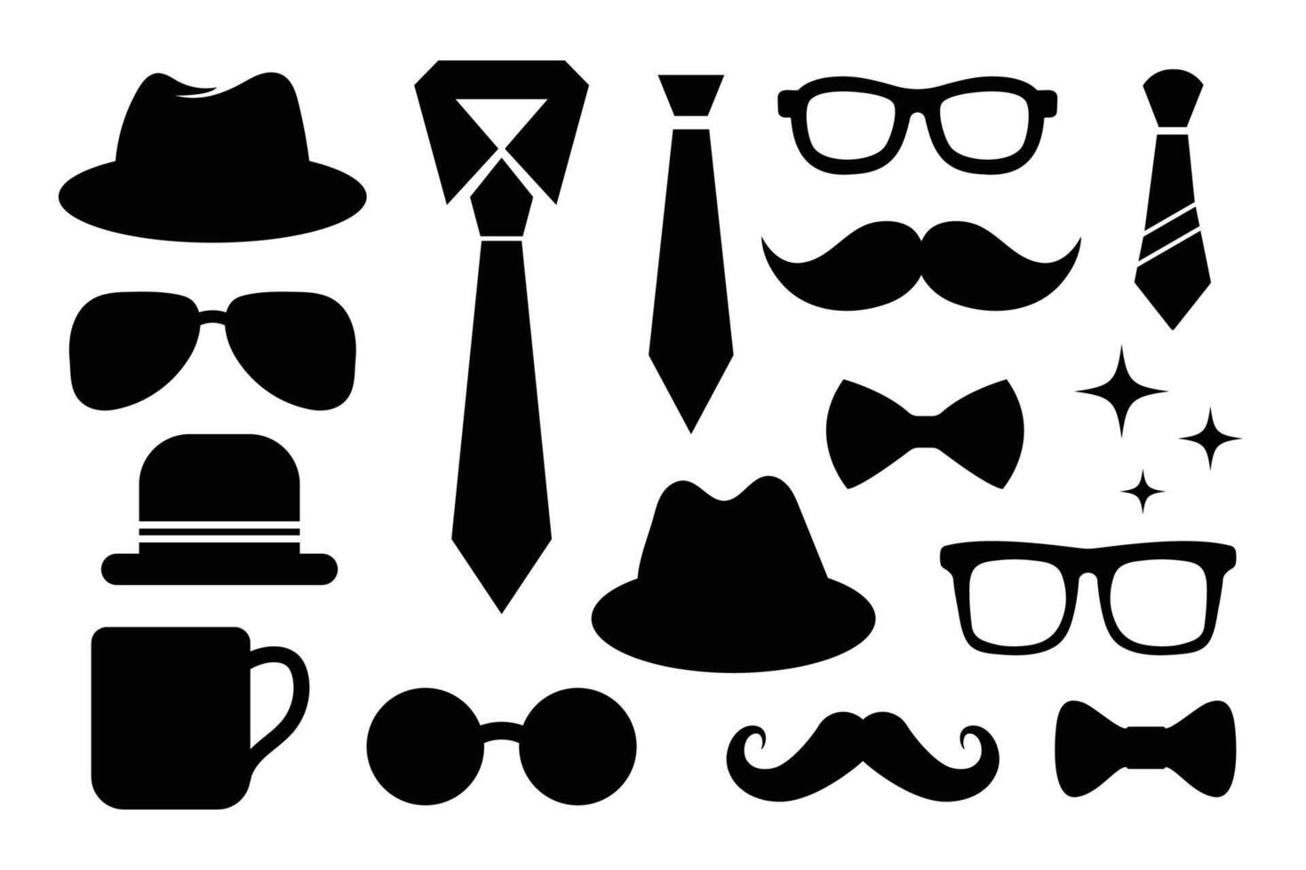 Collection of silhouette icons represents a man's accessories with a playful and stylish flair. vector