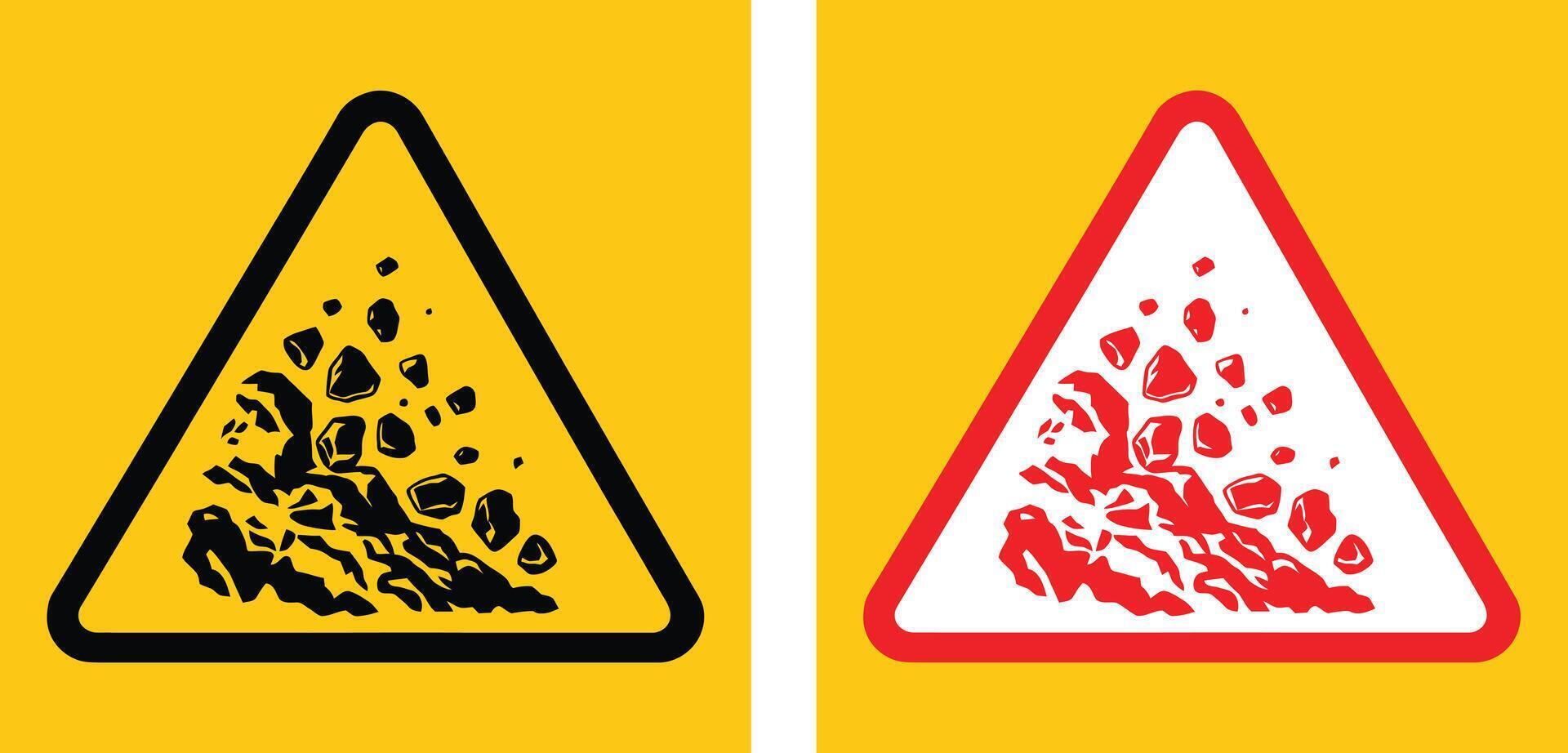 Safety warning for landslide area with bold falling rock icon. Used in outdoor hazard zones and steep terrain roads. Landslide hazard warning sign vector