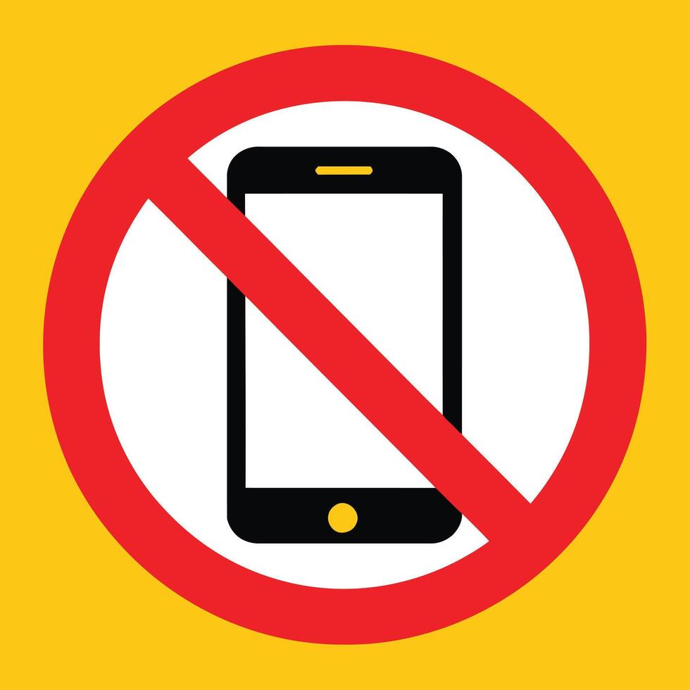 No phone sign with red slash circle warning against smartphone use in public spaces, schools, offices, meetings, and digital detox areas. Promotes focus, discipline, and quiet zones. vector