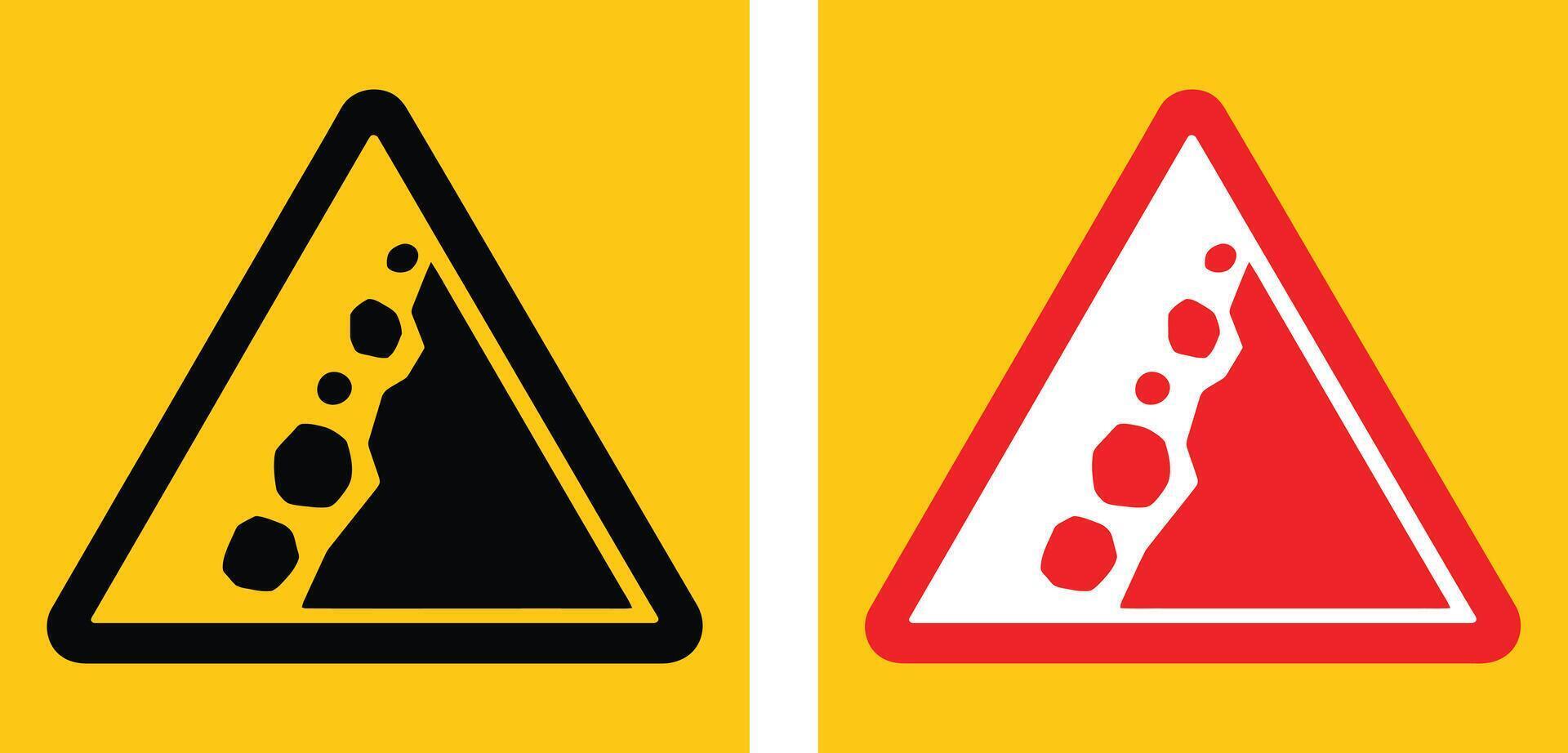 Landslide hazard warning sign with falling rocks icon. Ideal for mountain road safety, slope danger alerts, and geological risk signage. Falling rock warning sign vector