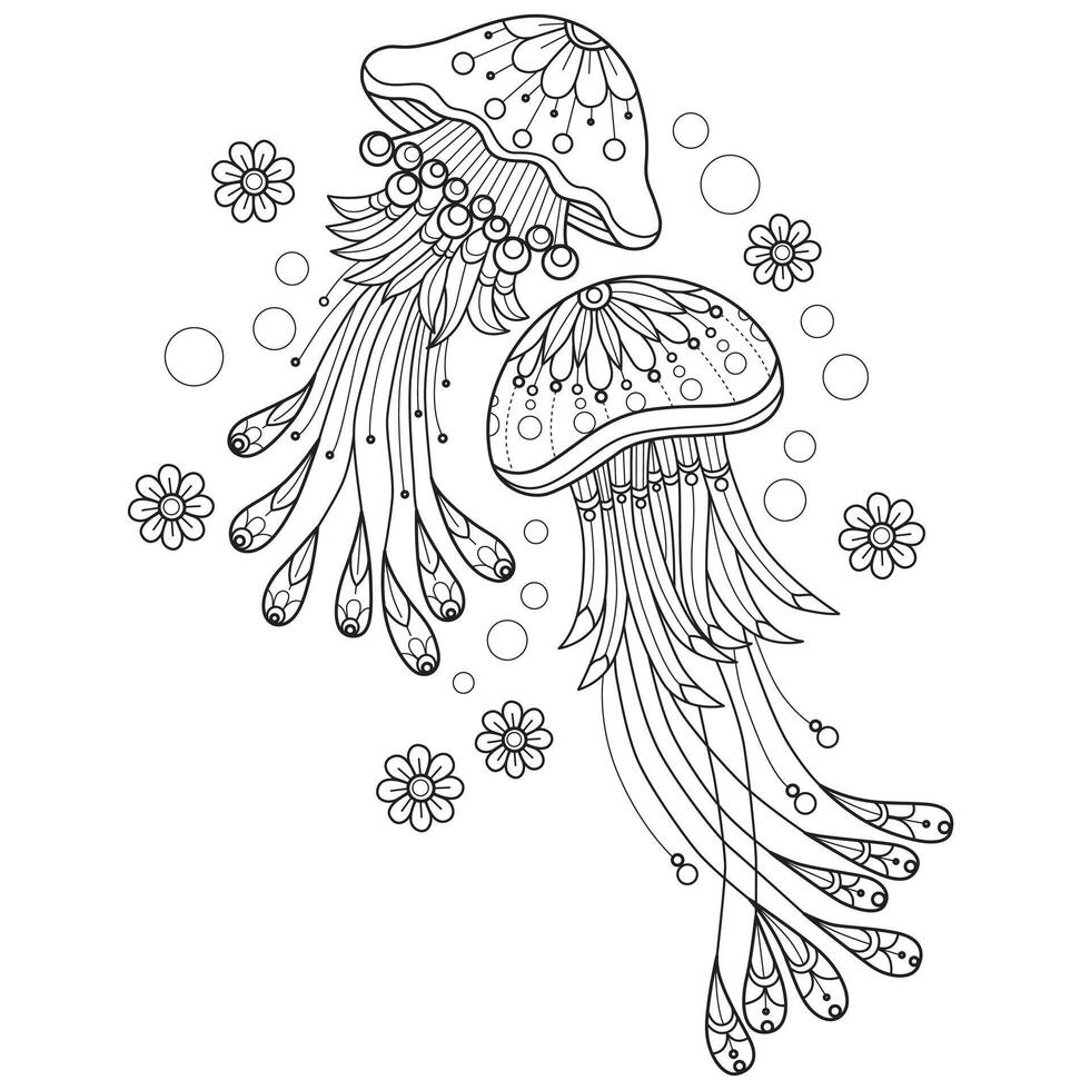 Jellyfish in the sea hand drawn for adult coloring book vector