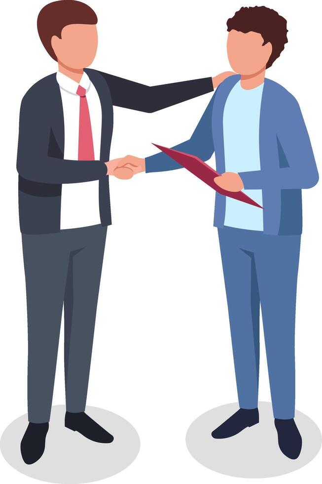 Two businessmen shaking hands while finalizing a business deal, one holding a folder, representing a successful partnership and cooperation in a professional setting vector